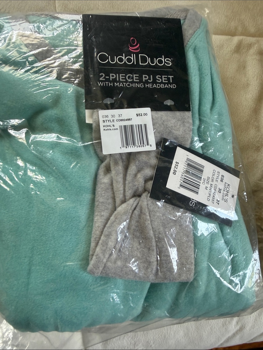 Cuddl Duds 2-Piece PJ Set with Headband in Mint Green and Heather Gray
